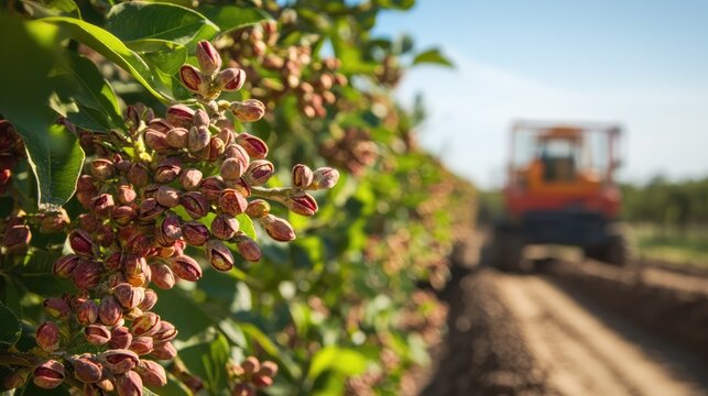 Close-up of ripening pistachio bunches on tree branches, with a harvesting machine visible in the blurred background, agriculture, farming, nuts, crop readiness.