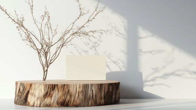 Eco-friendly display with wooden podium dry branches and blank card for creative presentations and congratulatory messages