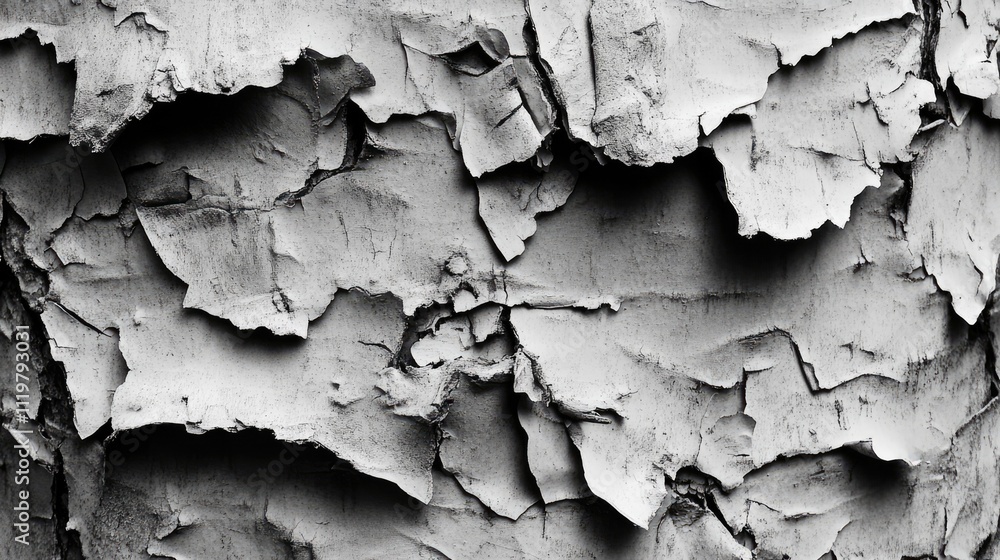 Poster textured close-up of stripped tree bark with intricate patterns and peeling layers in monochrome, sh