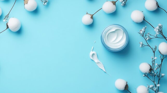 Luxury moisturizing emulsion and facial care for sensitive skin with eco cotton balls and flowers on a serene blue background
