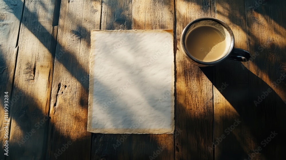 Poster coffee cup beside blank paper on rustic wooden table illuminated by sunlight creating a serene and i