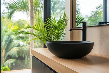 Modern bathroom vanity wooden countertop black vessel sink