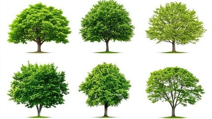 Fototapeta premium Collection of six distinct trees with lush green leaves on a white background ideal for nature and environmental design projects