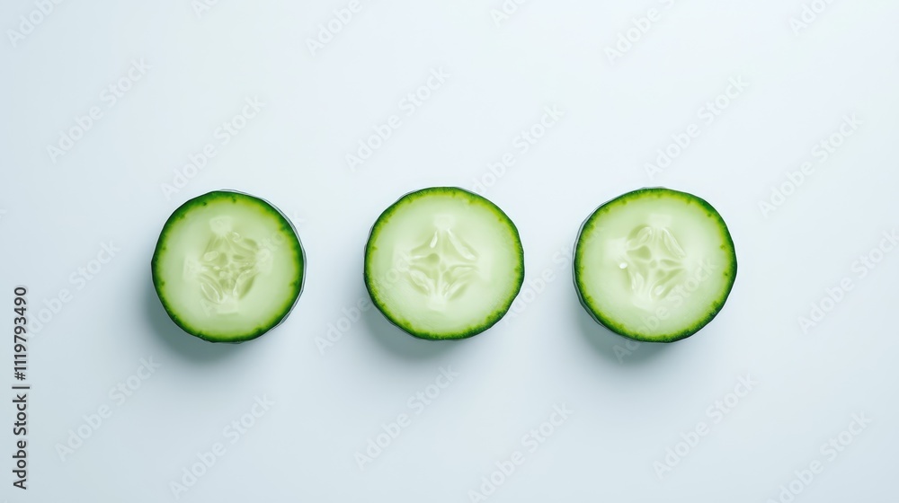 Poster fresh cucumber slices arranged neatly on a clean white background showcasing their vibrant color and