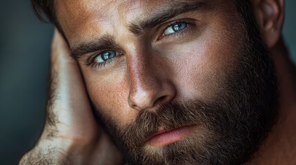 Obraz premium Contemplative bearded man with piercing blue eyes in a close up portrait showcasing emotion and depth.