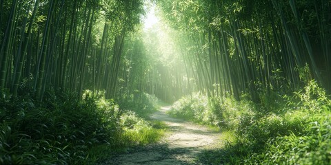 Naklejka premium Serene Bamboo Forest Path Sunlit Nature Trail Lush Greenery Tranquil Landscape