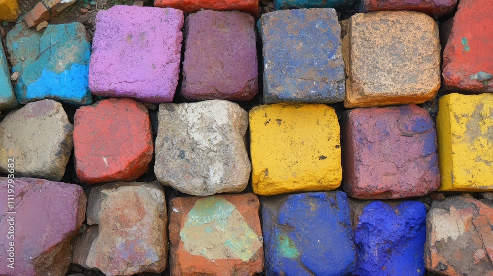 Poster colorful closeup of various textured bricks arranged in a pattern showcasing different shades and hu