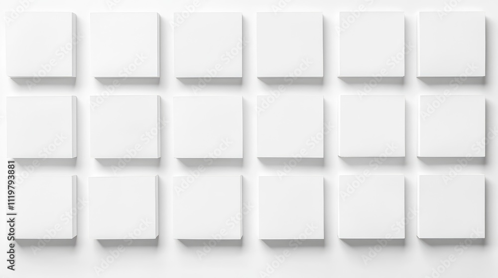 Poster group of empty white boxes arranged on a white background, featuring varying shadows for depth, idea