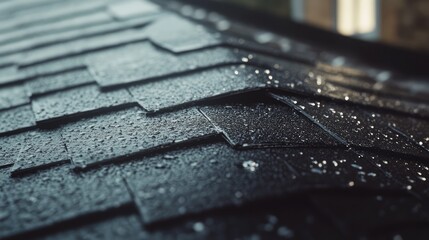 Closeup of asphalt shingles on house roof showcasing waterproofing and rain droplets for building construction and maintenance concepts