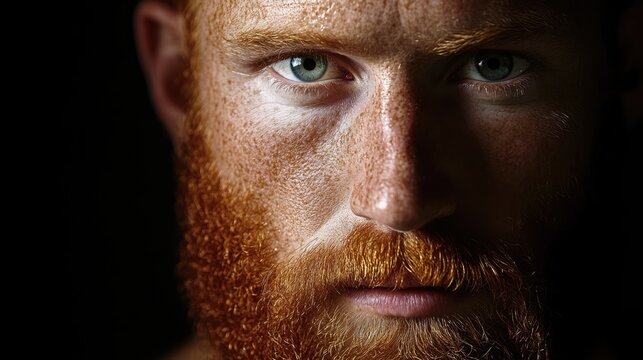 Close-up portrait of a serious man with striking red hair and beard, featuring intense green eyes and freckles against a dark background, portrait, male model, beauty, expressive gaze.