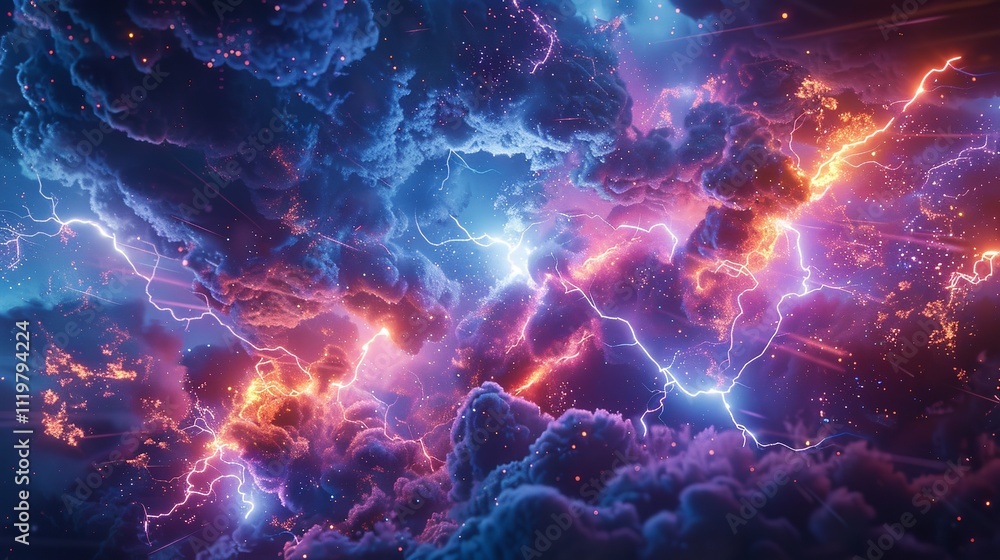 Wall mural this photo depicts a striking lightning abstract image of a black background illuminated by multiple