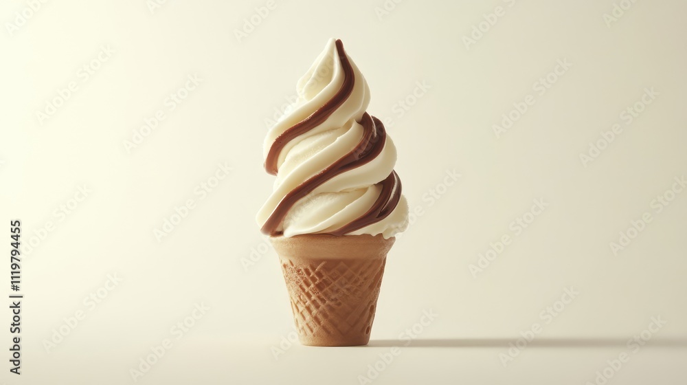 Poster swirled chocolate and vanilla soft serve ice cream in a waffle cone on a neutral background