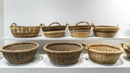 Fototapeta premium Wicker baskets arranged on shelves showcasing natural craftsmanship and design versatility for home decor and storage solutions