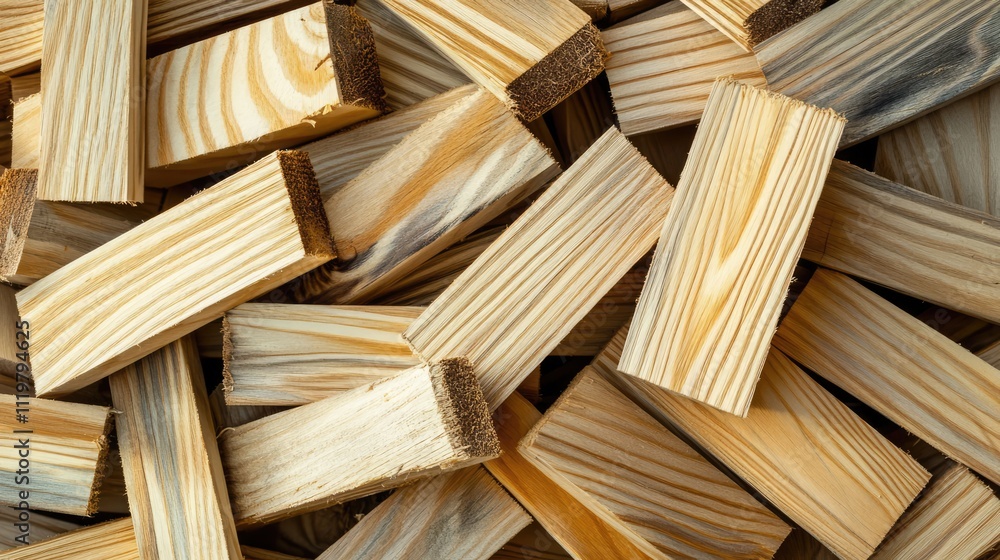 Poster raw wood pieces stacked in a workshop setting showcasing small carpentry work with a light backgroun
