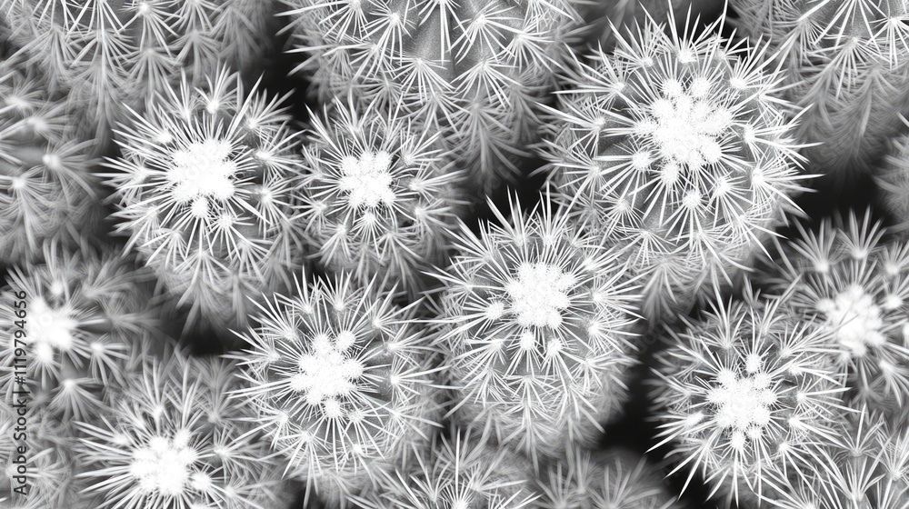 Poster closeup view of clustered cactus plants showcasing intricate spines and vibrant flowers in a monochr