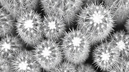 Obraz premium Closeup view of clustered cactus plants showcasing intricate spines and vibrant flowers in a monochrome setting for a striking visual effect