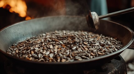 Close-up of roasted sunflower seeds in a large metal pan, with a stirring tool, showcasing traditional roasting method and warm, inviting atmosphere, food preparation, cooking process, artisanal.