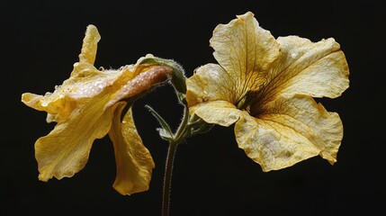 "Close-up of damaged yellow petunia flower with drooping petals, displaying signs of under-watering and moisture droplets, botanical, floral, nature, detailed texture."