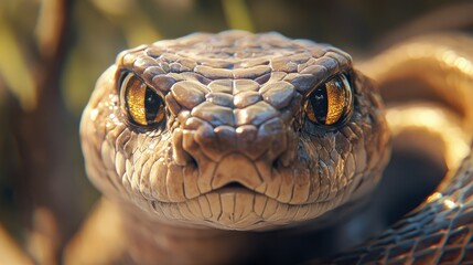 Fototapeta premium Detailed macro shot of a cat snake's head, showcasing intricate scales and striking golden eyes against a blurred natural background, wildlife, reptile, nature photography.
