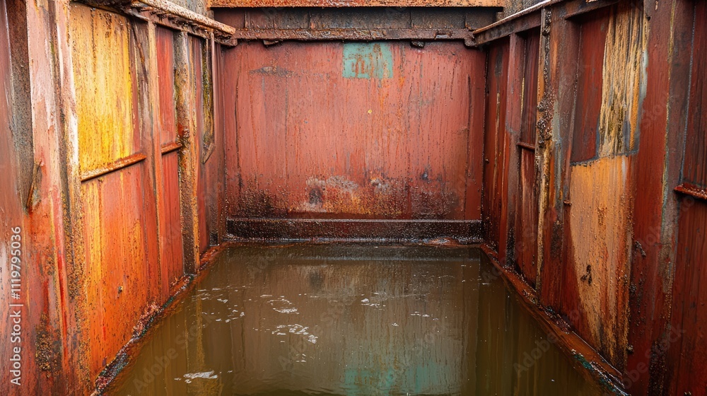 Poster rusty container with stagnant water inside showcasing textures and colors in an industrial setting.