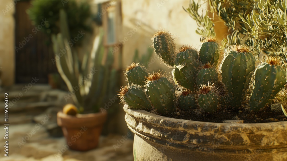 Poster closeup of an ornate cactus thriving in a rustic planter with textured background and lush greenery 