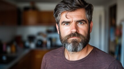 Obraz premium Confident man with beard in kitchen preparing breakfast showcasing modern home cooking lifestyle and personal care in a relaxed environment