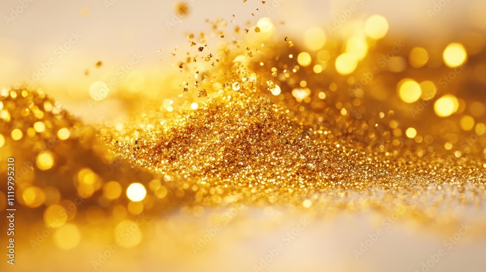 Aufkleber golden glitter explosion creating a shimmering bokeh effect on a soft white background ideal for fes