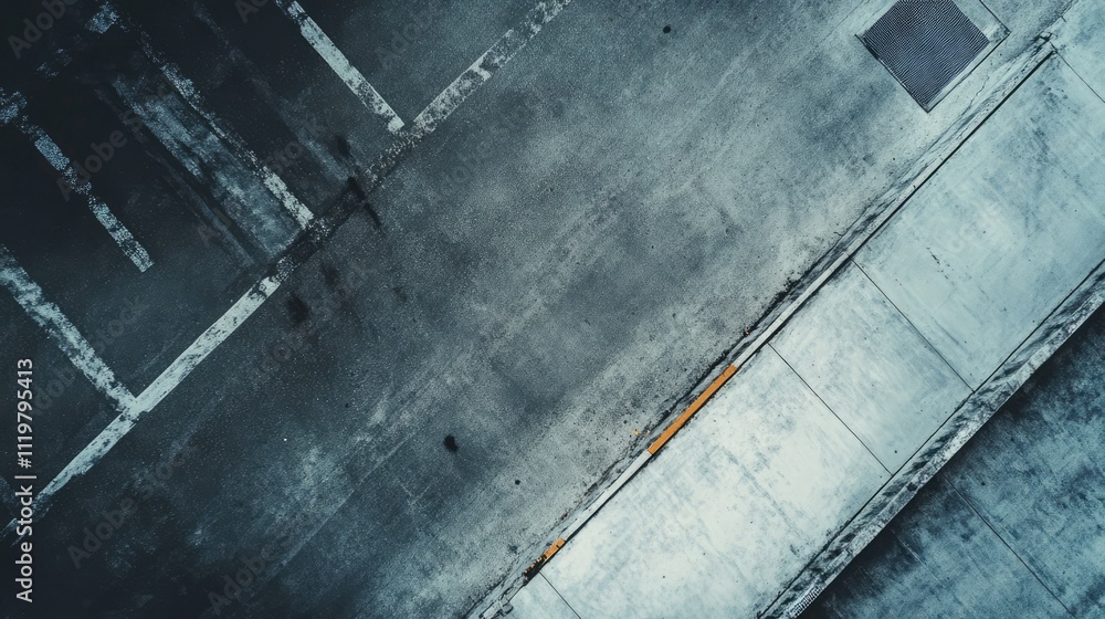 Poster aerial view of dark grey concrete surface with subtle texture and markings suitable for backgrounds 