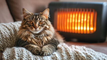 Naklejka na ściany i meble Fluffy brown tabby cat resting on a cozy knitted blanket in front of an electric heater, warm home atmosphere, indoor comfort, pet portrait, relaxation, cute animals.