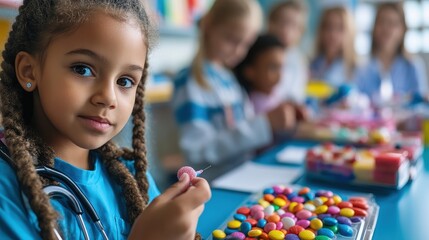 A young girl holds a rainbow candy piece surrounded by vibrant sweets in a colorful workshop, highlighting creativity and joyful exploration in children's activities.