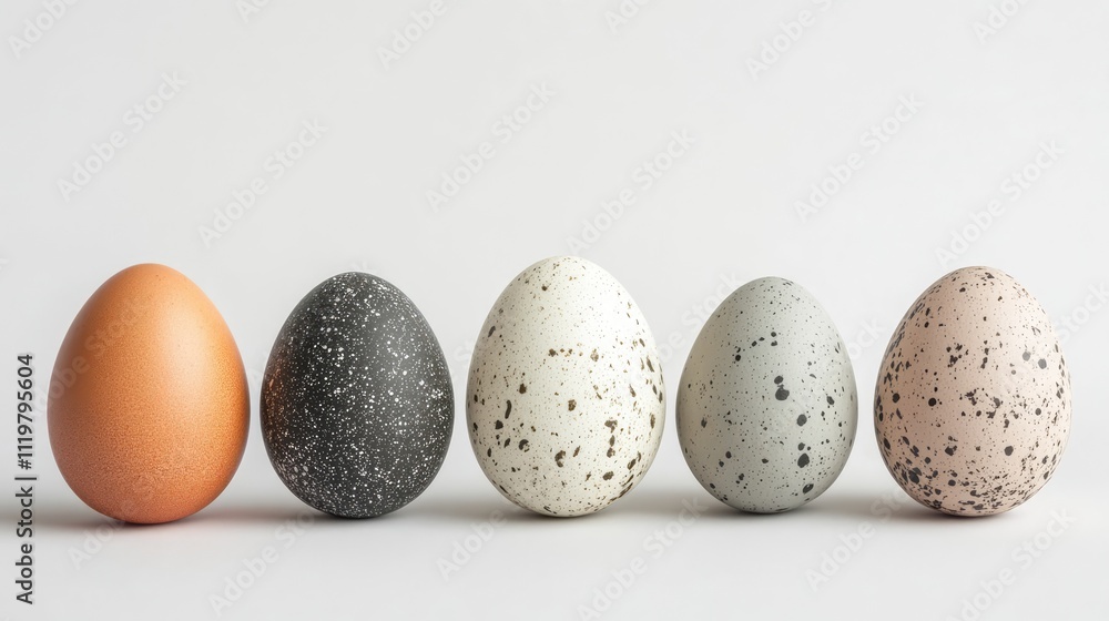 Poster decorative easter eggs in various colors and textures arranged in a row on a minimalist white backgr
