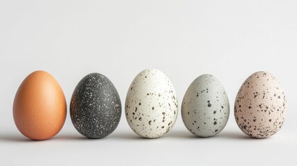 Decorative Easter eggs in various colors and textures arranged in a row on a minimalist white background.