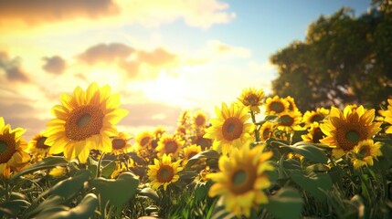 Sunflower field under a golden sunrise with vibrant blooms stretching towards the sky in a picturesque natural landscape.