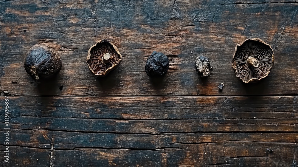Poster dried mushrooms arranged in a line on a rustic wooden background showcasing their unique textures an