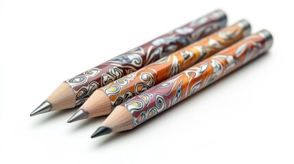 Color pencils with decorative designs arranged on a plain white background, featuring colorful tips and intricate patterns, stationery, art supplies, creativity, drawing tools.