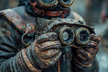 A person wearing a leather jacket and holding a pair of goggles, suitable for use in various scenarios such as aviation, adventure, or fashion photoshoots