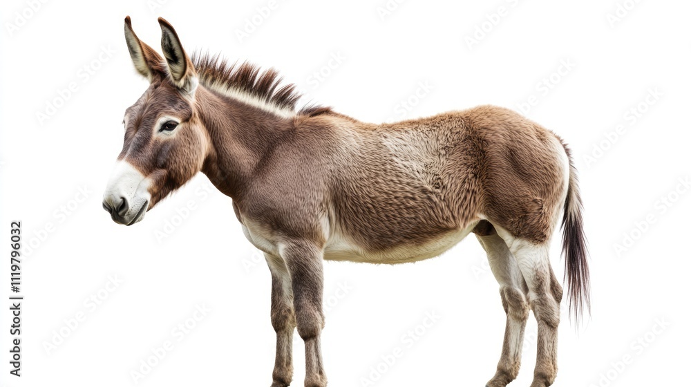 Poster donkey standing alone on a white background showcasing its natural features and characteristics.