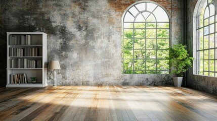 Obraz premium Spacious empty living room with large windows showcasing greenery, a white bookshelf, and a vase plant on brown parquet flooring