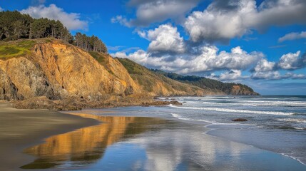Obraz premium Coastal landscape featuring sandy beach, rugged cliffs, and vibrant blue skies with scattered clouds, reflecting sunlight on calm waters, nature, scenic view, travel.