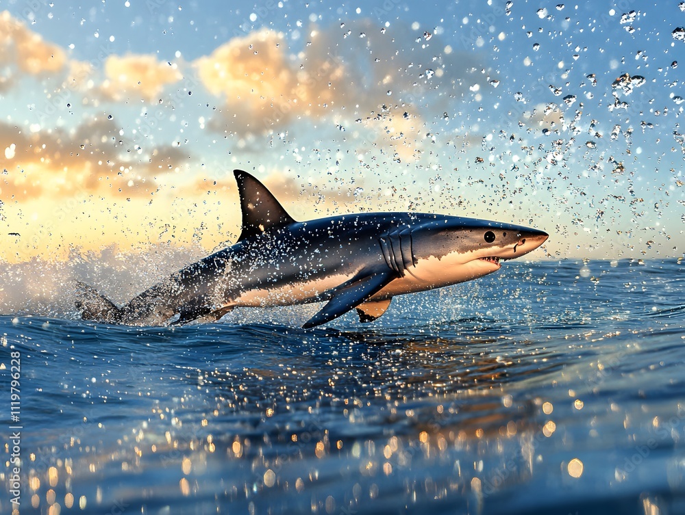 Poster a shark leaps from the ocean, creating splashes against a sunset backdrop.