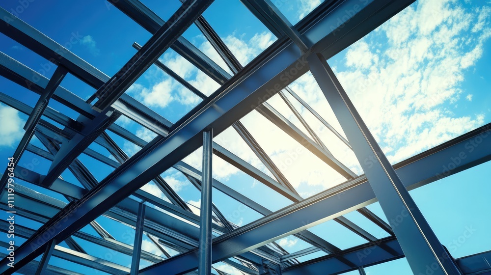 Poster metal structure framework against a bright blue sky highlighting construction progress and architect