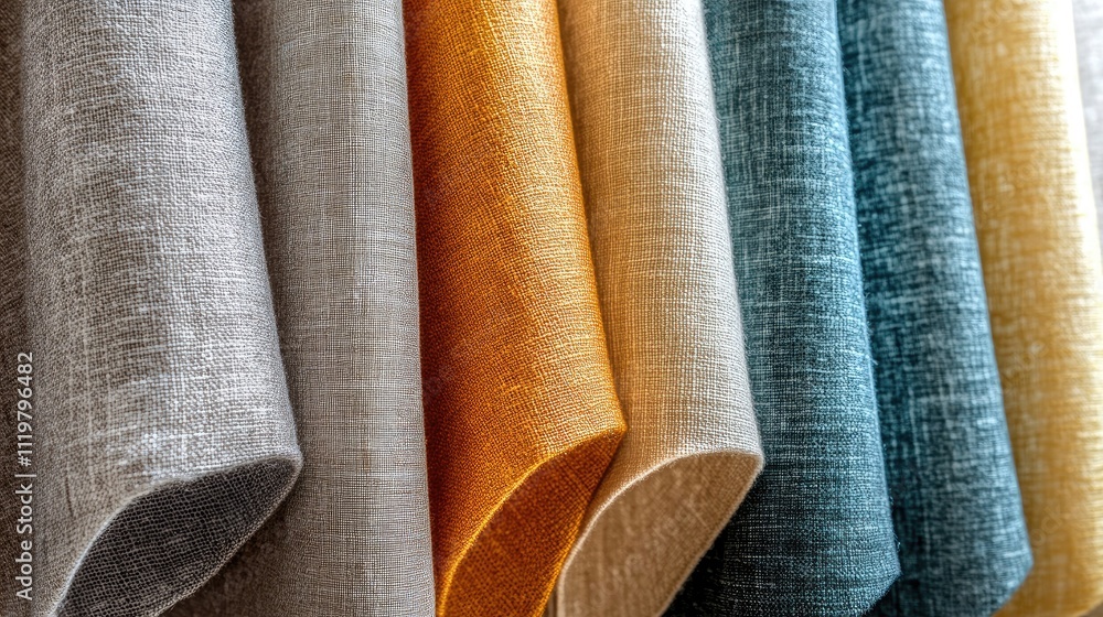 Poster textile samples showcasing a vibrant color palette with various fabric textures hanging in a row for