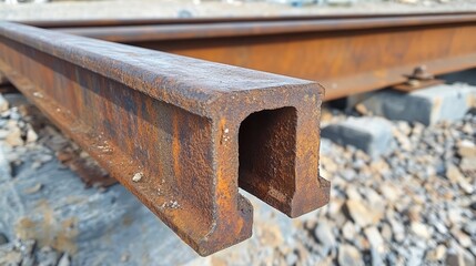 Closeup of weathered steel railway tracks highlighting rust and texture against a blurred background of gravel and rail infrastructure