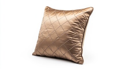 Obraz premium Elegant decorative pillow with quilted design in warm golden color isolated on white background for home decor and styling purposes.