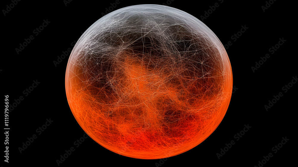Poster abstract orange sphere with intricate web-like texture on black background.