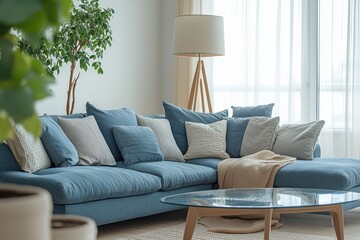 Modern living room blue L shaped sectional sofa