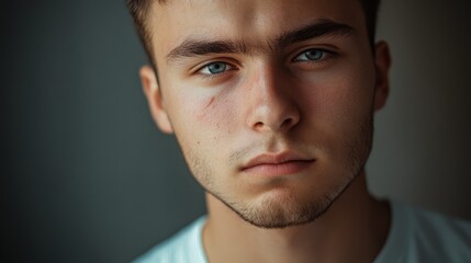 Fototapeta premium Closeup portrait of a young man expressing negative emotions highlighting mental health challenges and emotional awareness in daily life