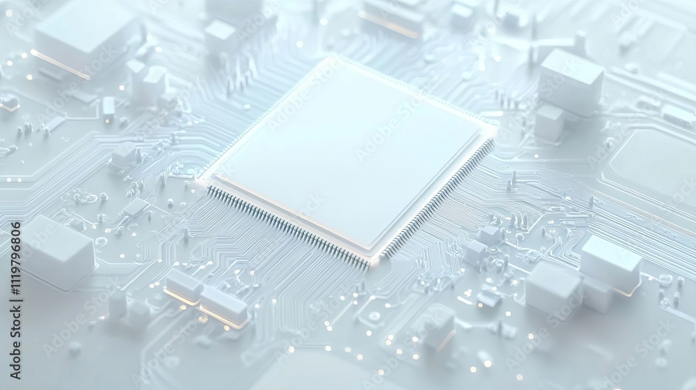 Aufkleber a white square in the center of a circuit board with some wires and chips around it, 3d rendering st