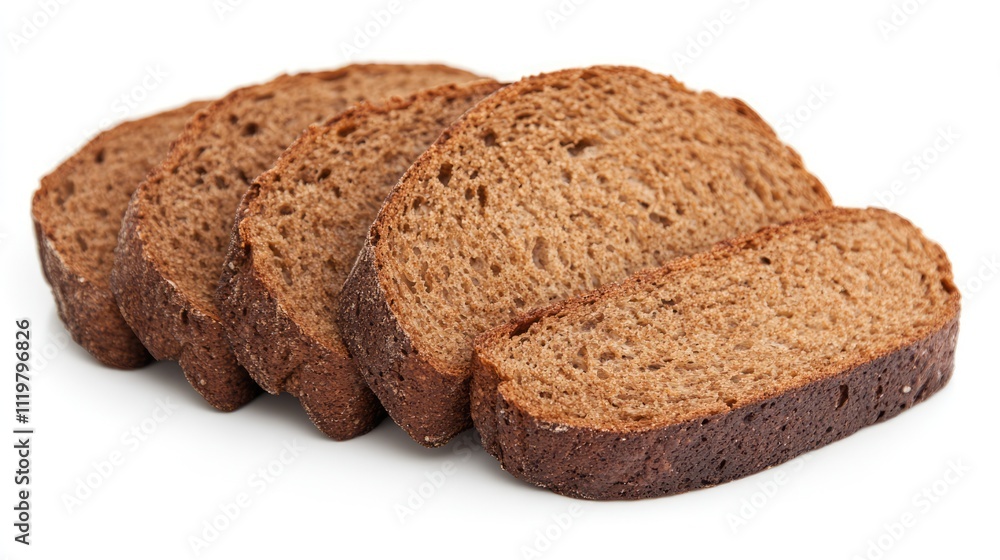 Poster five slices of whole wheat bread stacked neatly on a white background showcasing texture and freshne