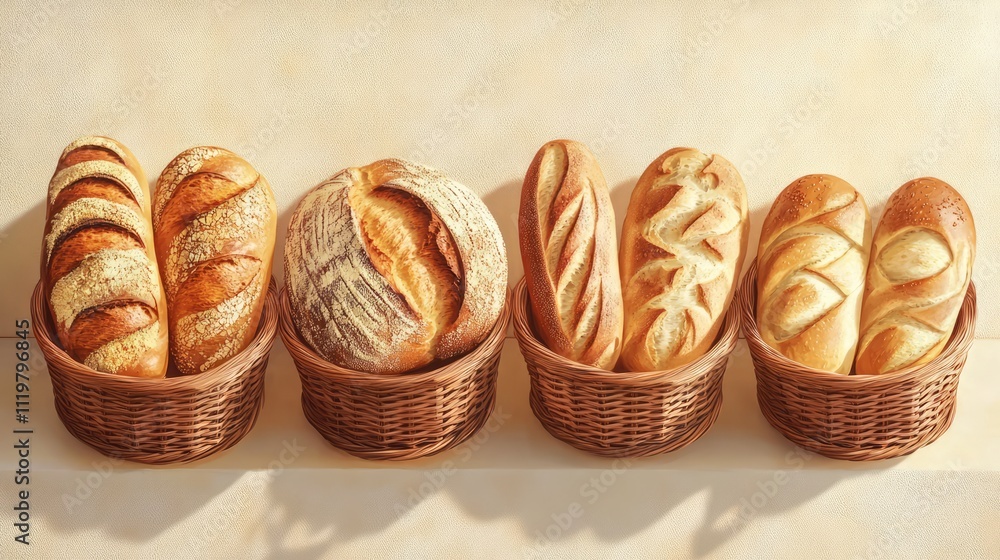 Poster artisan bread displayed in rustic baskets ready for distribution showcasing high quality and freshne